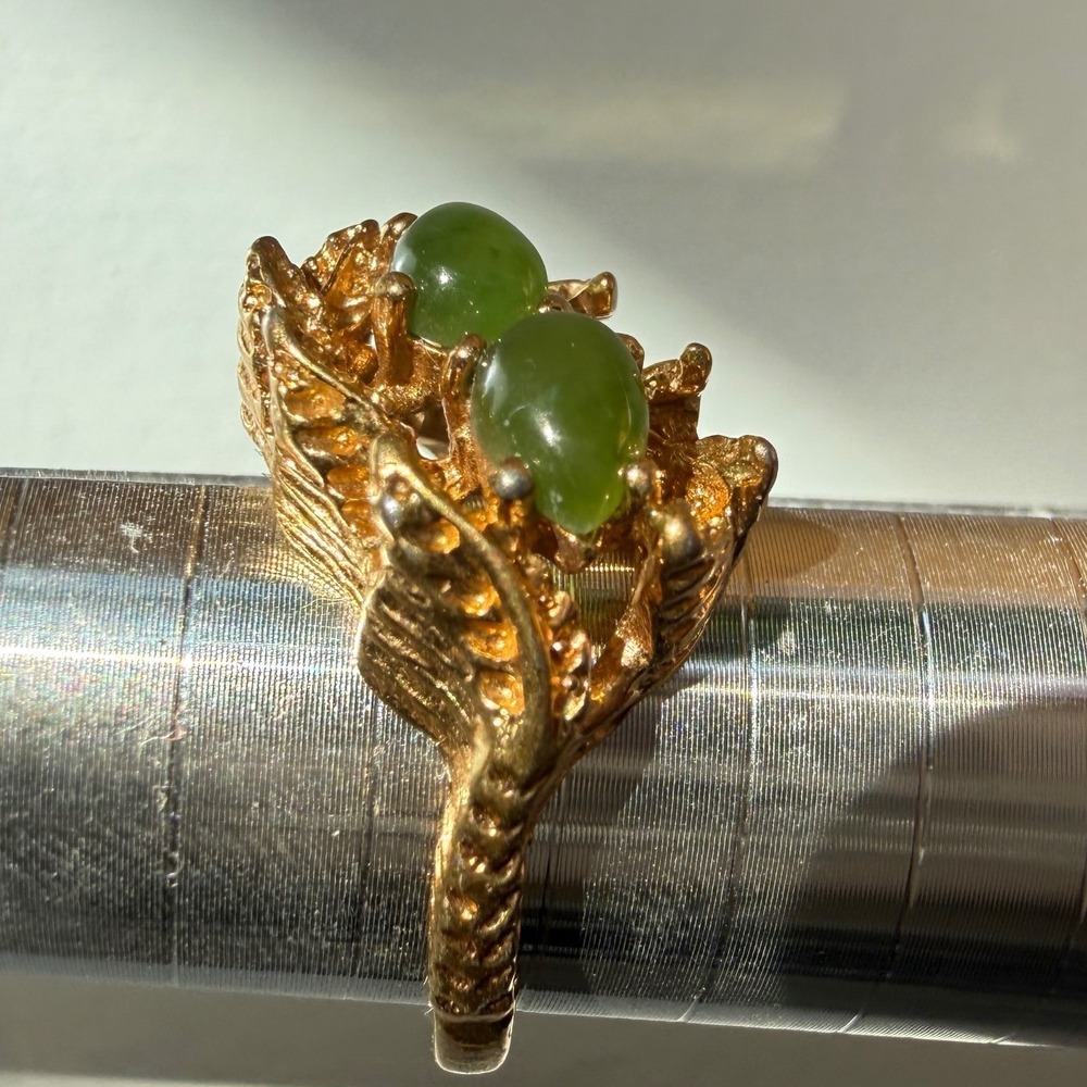 Vintage 14kt HGE Gold Green Faux Chalcedony Brutalist Statement Ring Size 6 - Picture 9 of 13